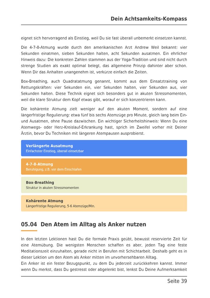 Seite 39 des E-Books: Die verschiedenen Atemtechniken in farbigen Kästen, darunter der Atem als Anker im Alltag.