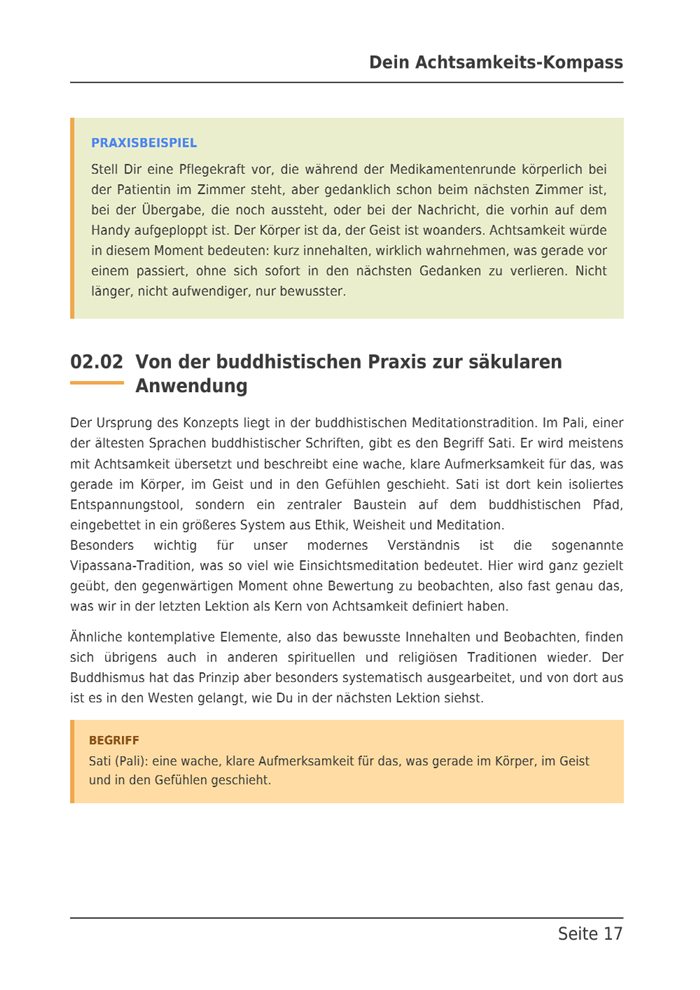 Seite 17 des E-Books: Von der buddhistischen Praxis zur säkularen Anwendung, mit Praxisbeispiel und Begriffskasten in Farbe.