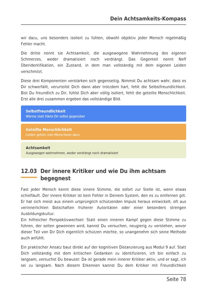 Seite 78 des E-Books: Der innere Kritiker und die drei Komponenten des Selbstmitgefühls in farbigen Kästen.