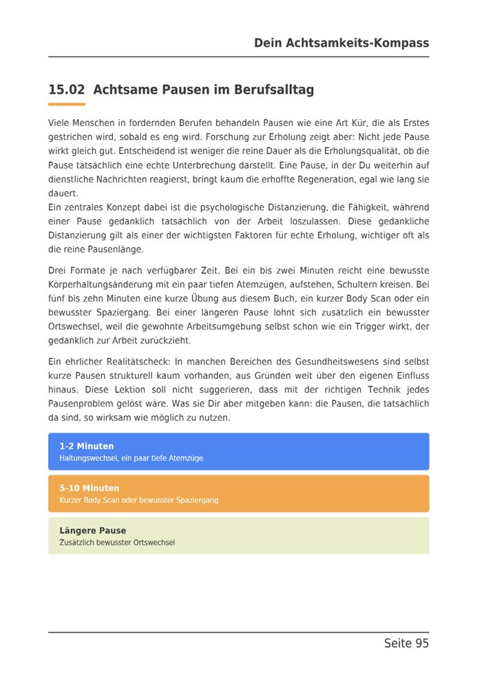Seite 95 des E-Books: Achtsame Pausen im Berufsalltag, von ein bis zwei Minuten bis zu längeren Pausen, in farbigen Kästen.