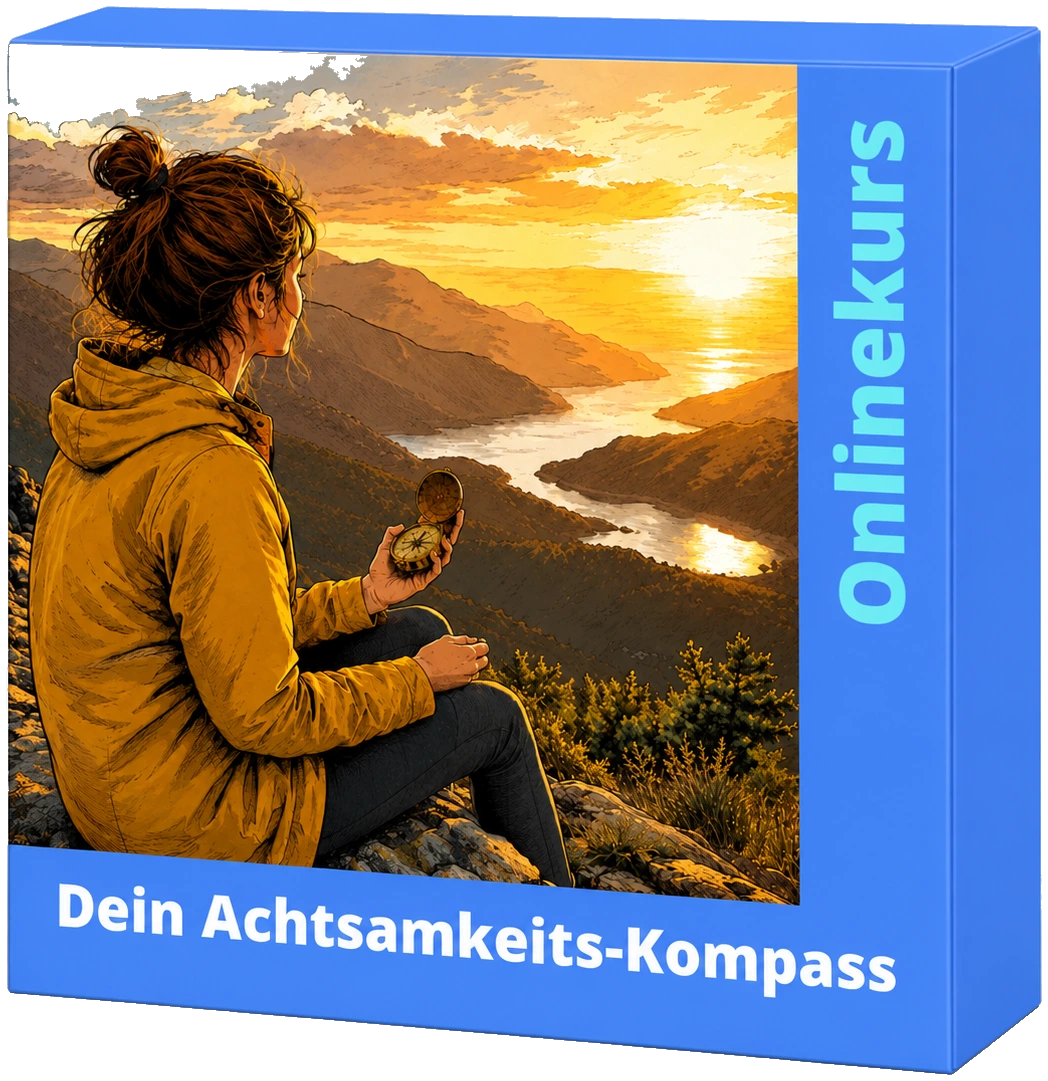 Kursbox des Onlinekurses „Dein Achtsamkeits-Kompass“: Eine Frau in gelber Jacke sitzt auf einem Felsen, hält einen Kompass in der Hand und schaut auf eine Flusslandschaft im Abendlicht.