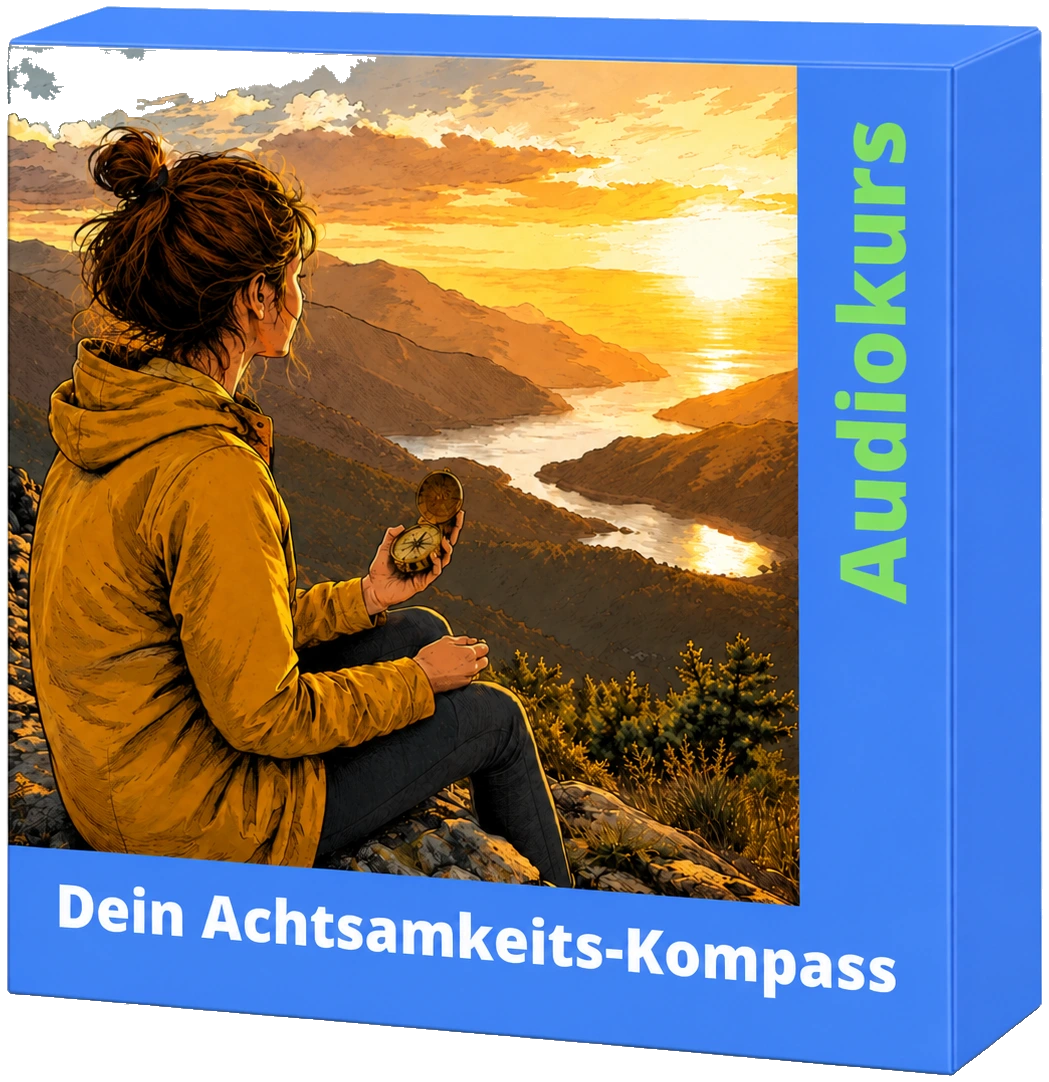 Kursbox des Audiokurses „Dein Achtsamkeits-Kompass“, dasselbe Motiv mit dem Aufdruck Audiokurs.