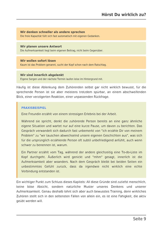 Seite 9 des E-Books: Die vier Gründe, warum wir nicht zuhören, in farbigen Kästen, darunter ein Praxisbeispiel.