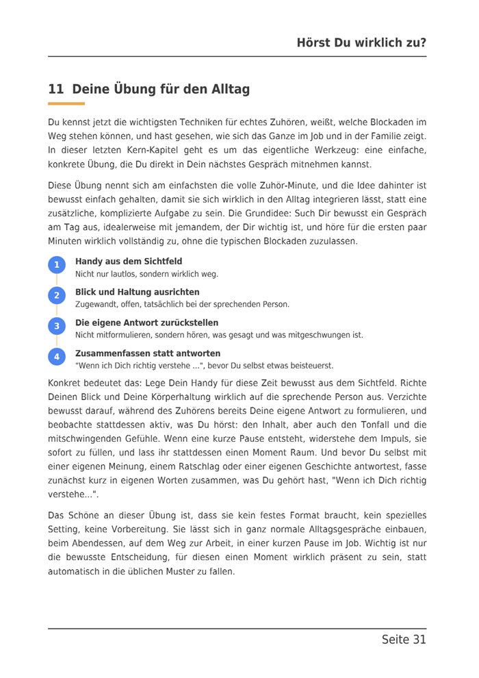 Seite 31 des E-Books: Deine Übung für den Alltag, die volle Zuhör-Minute in vier nummerierten Schritten.