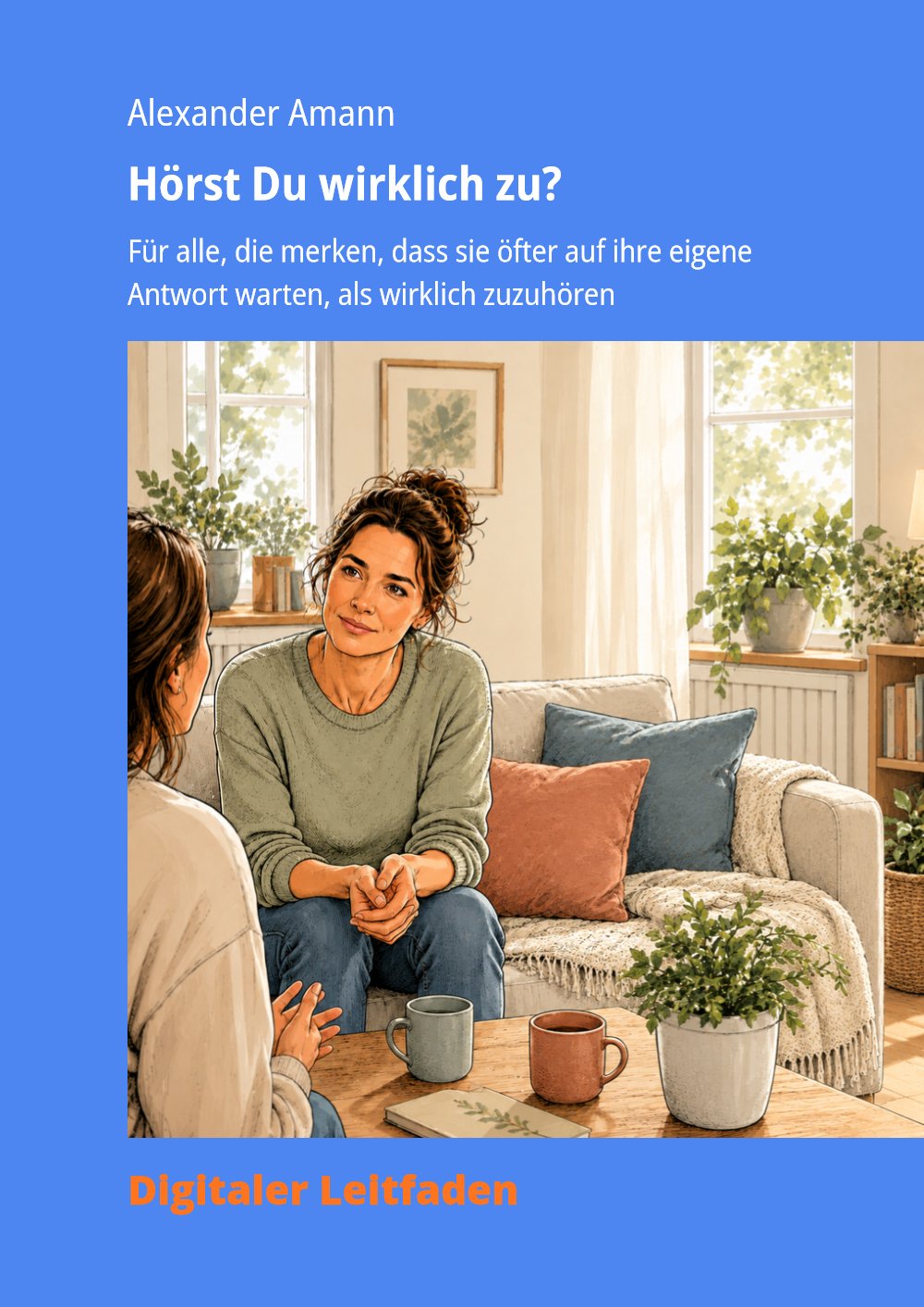 Cover des E-Books „Hörst Du wirklich zu?“: Zwei Frauen sitzen sich auf einem Sofa gegenüber und unterhalten sich aufmerksam.