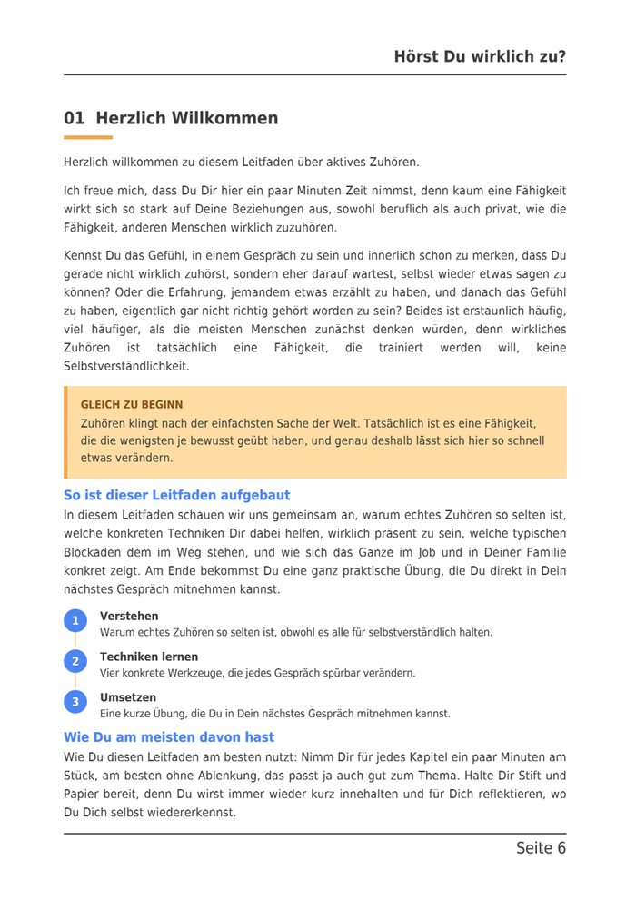 Beispielseite aus dem E-Book: Kapitel 1, Herzlich Willkommen, mit Merkkasten und dem Aufbau des Leitfadens.