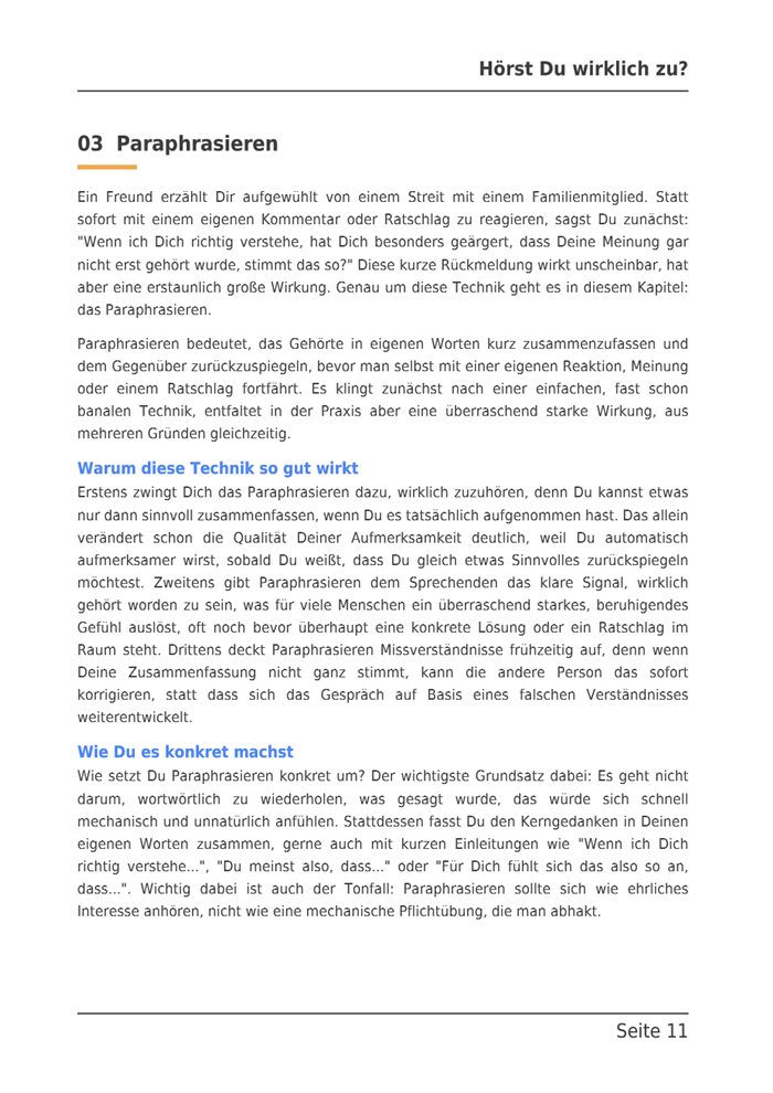 Beispielseite aus dem E-Book: Kapitel 3, Paraphrasieren, warum diese Technik so gut wirkt.