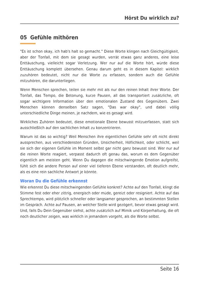 Beispielseite aus dem E-Book: Kapitel 5, Gefühle mithören, woran Du die Gefühle erkennst.