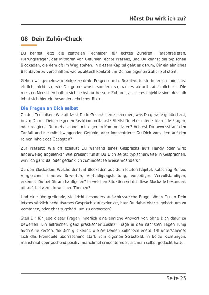 Beispielseite aus dem E-Book: Kapitel 8, Dein Zuhör-Check, die Fragen an Dich selbst.