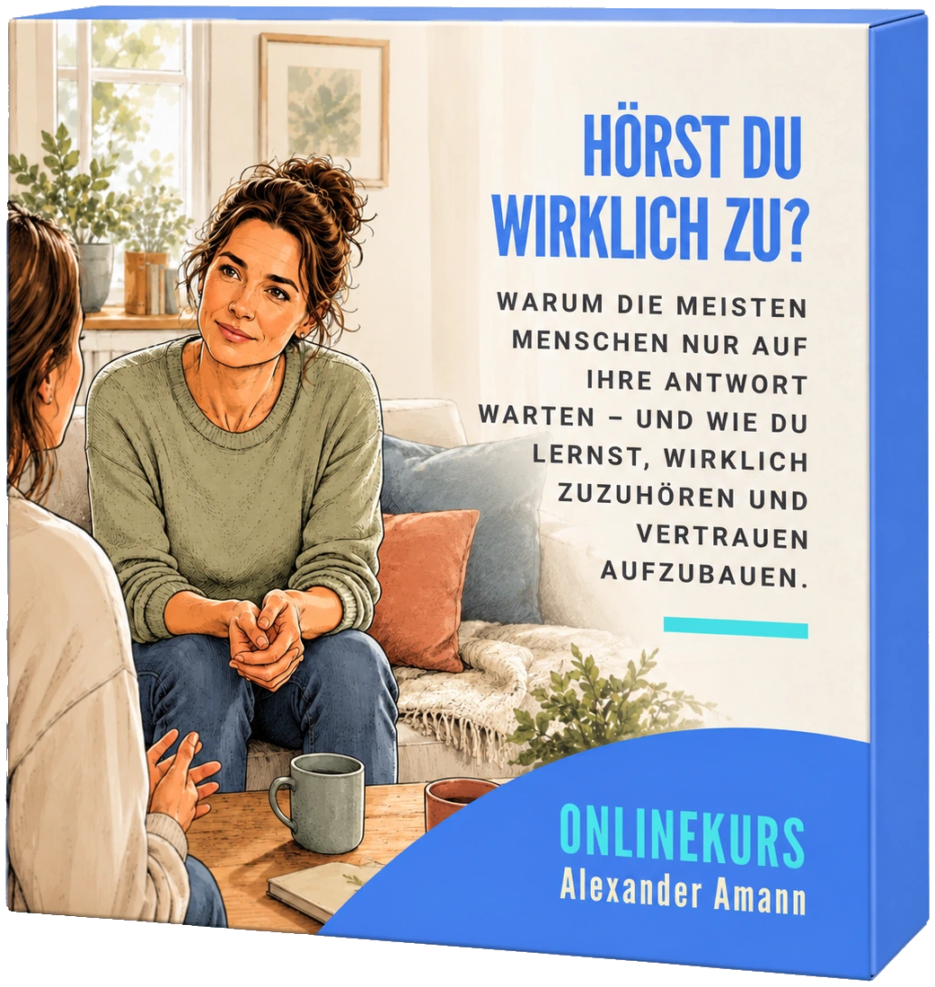 Kursbox des Onlinekurses „Hörst Du wirklich zu?“: Zwei Frauen sitzen sich auf einem Sofa gegenüber und unterhalten sich aufmerksam.