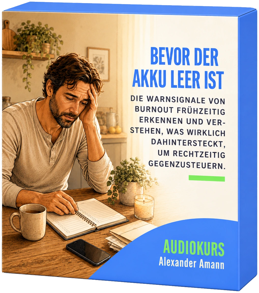 Kursbox des Audiokurses „Bevor der Akku leer ist“: Ein Mann sitzt erschöpft am Küchentisch, die Hand an der Stirn, vor ihm Notizbuch und Tasse.