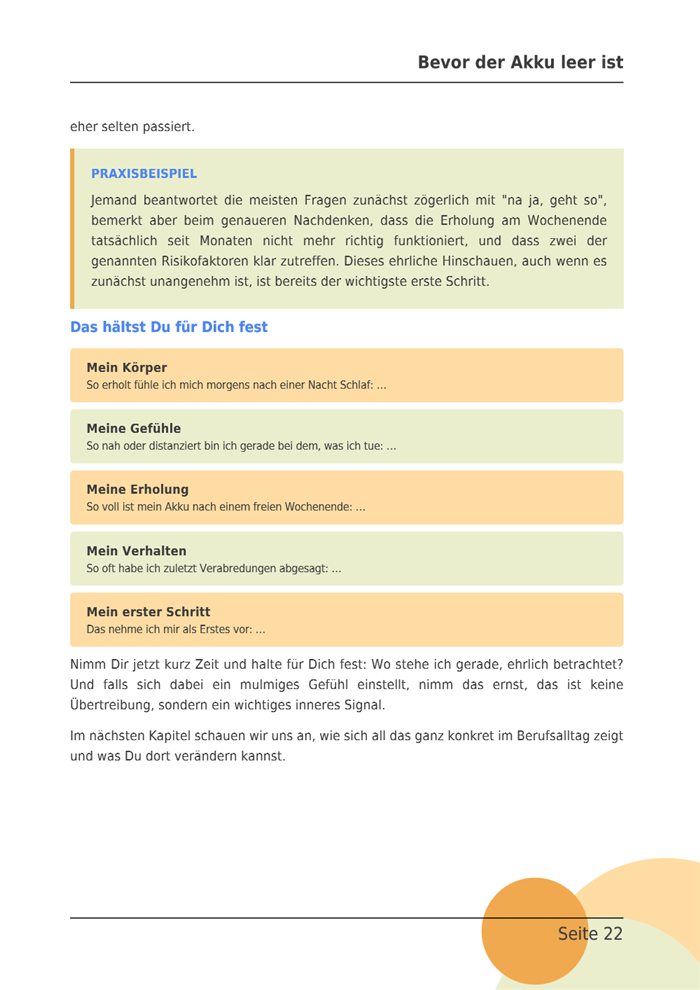 Seite 22 des E-Books: Dein Selbstcheck mit fünf Feldern zum Ausfüllen, von Mein Körper bis Mein erster Schritt.