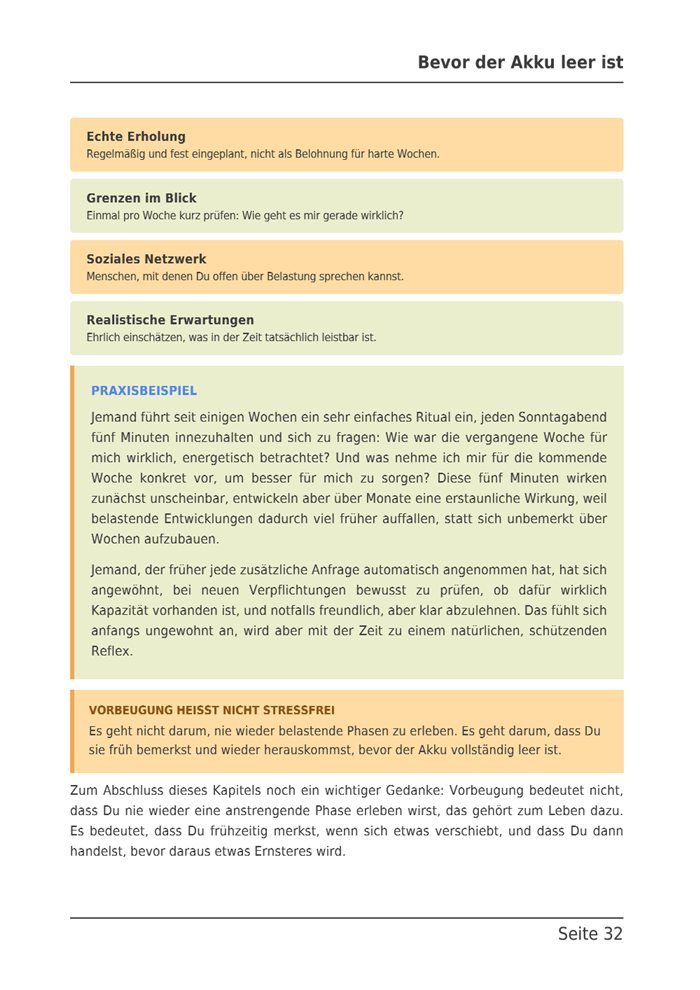 Seite 32 des E-Books: Die vier Bausteine der Vorbeugung in farbigen Kästen, darunter Praxisbeispiele.