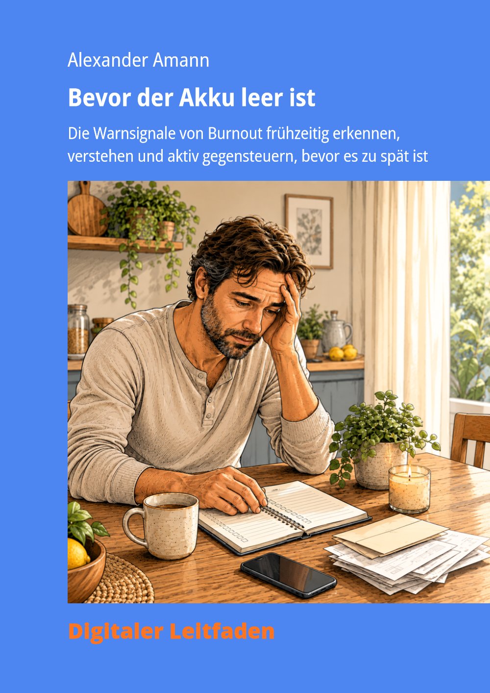 Cover des E-Books „Bevor der Akku leer ist“: Ein Mann sitzt erschöpft am Schreibtisch, die Hand an der Stirn, vor ihm Laptop und Notizbuch.