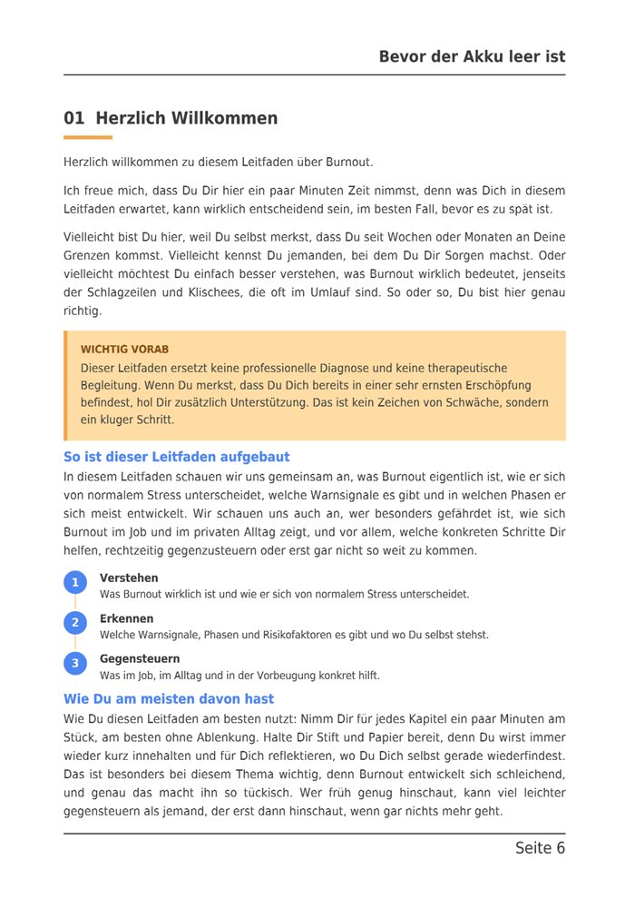 Beispielseite aus dem E-Book: Kapitel 1, Herzlich Willkommen, mit Hinweiskasten und dem Aufbau des Leitfadens.
