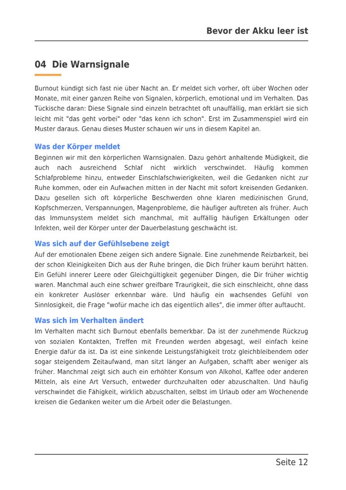 Beispielseite aus dem E-Book: Kapitel 4, Die Warnsignale, was Körper, Gefühle und Verhalten melden.