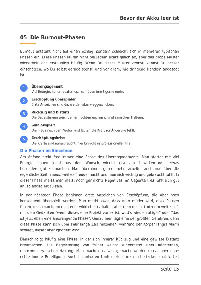 Beispielseite aus dem E-Book: Kapitel 5, Die Burnout-Phasen, mit den fünf Phasen als nummerierter Liste.