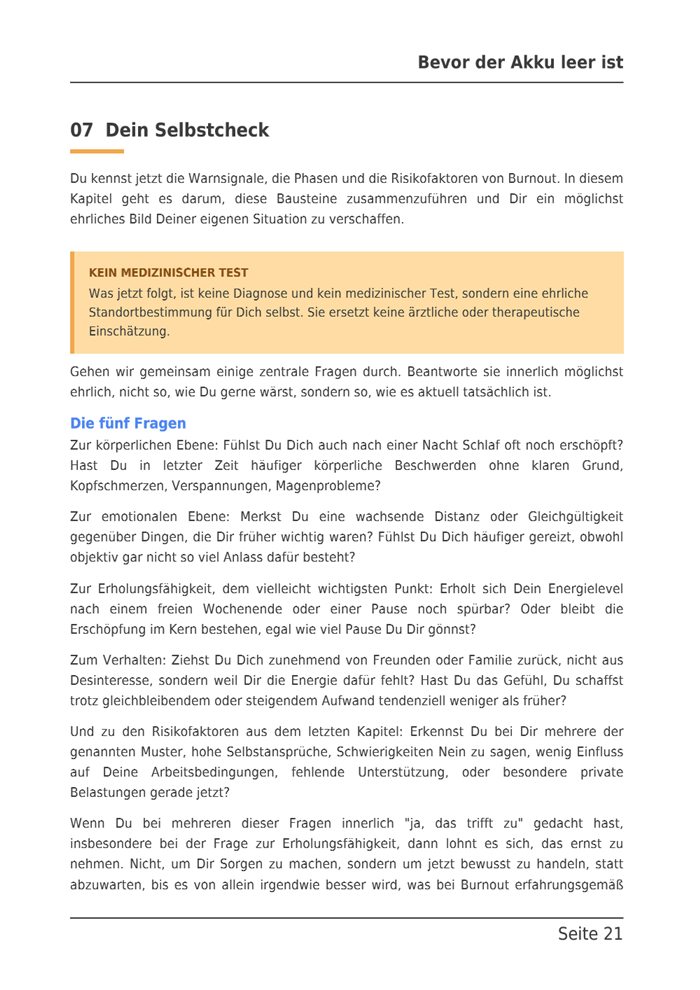 Beispielseite aus dem E-Book: Kapitel 7, Dein Selbstcheck, mit Hinweiskasten und den fünf Fragen.