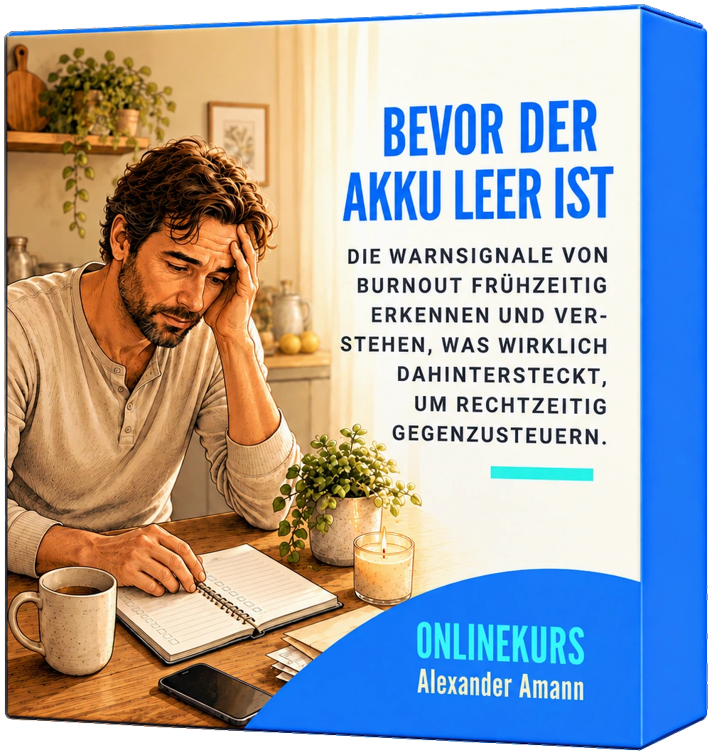 Kursbox des Onlinekurses „Bevor der Akku leer ist“: Ein Mann sitzt erschöpft am Küchentisch, die Hand an der Stirn, vor ihm Notizbuch und Tasse.