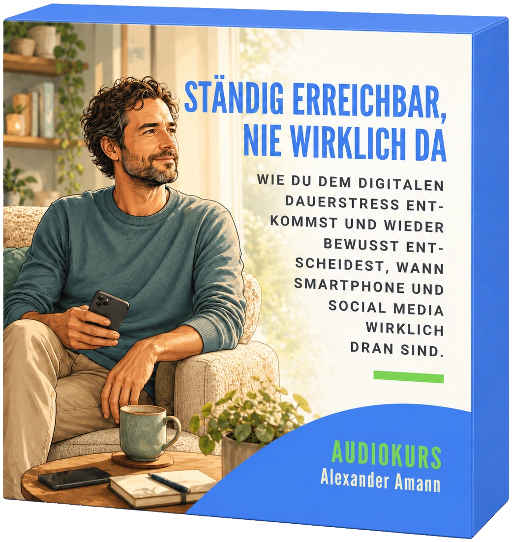 Kursbox des Audiokurses „Ständig erreichbar, nie wirklich da“: Ein Mann sitzt mit Handy und Tasse entspannt im Sessel und schaut aus dem Fenster.
