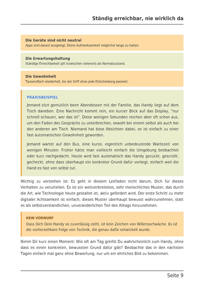 Seite 9 des E-Books: Drei farbige Kästen zu Geräten, Erwartungshaltung und Gewohnheit, darunter ein Praxisbeispiel und der Merkkasten Kein Vorwurf.