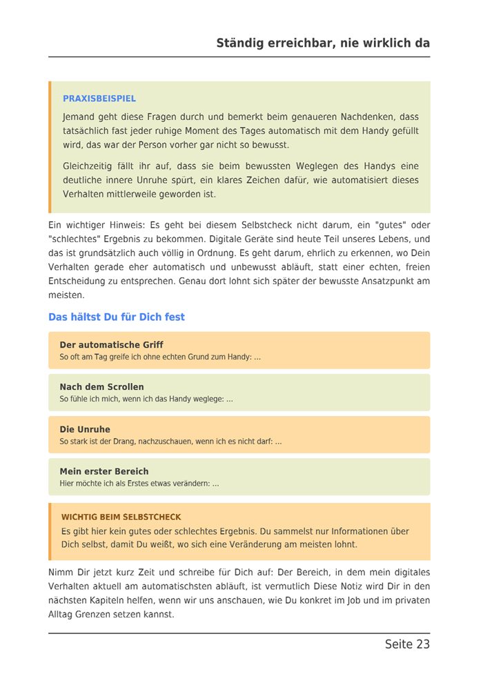 Seite 23 des E-Books: Dein Handy-Check mit vier Feldern zum Ausfüllen, vom automatischen Griff bis Mein erster Bereich.