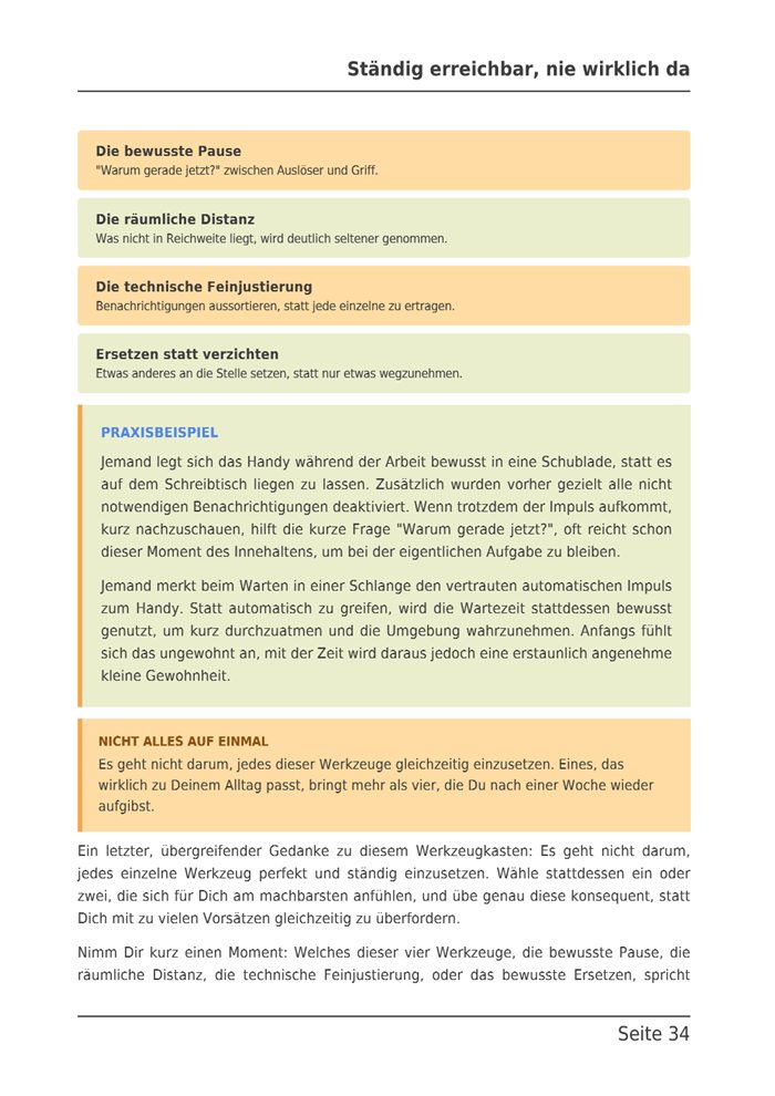 Seite 34 des E-Books: Dein Werkzeugkasten mit vier farbigen Kästen, darunter Praxisbeispiele und der Merkkasten Nicht alles auf einmal.