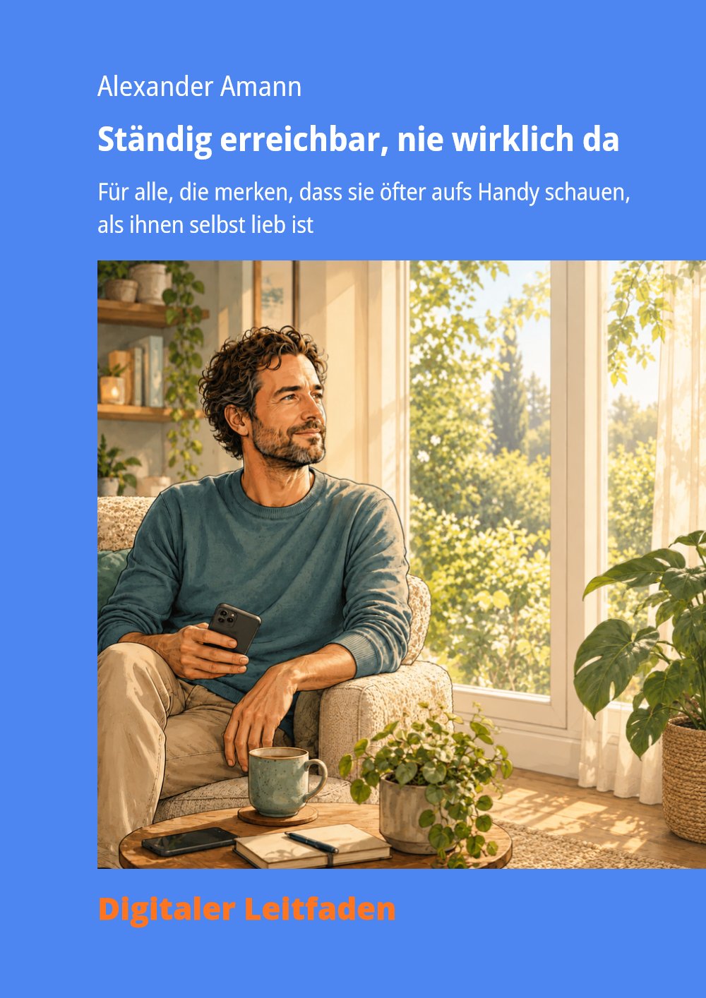 Cover des E-Books „Ständig erreichbar, nie wirklich da“: Ein Mann sitzt entspannt mit einer Tasse auf dem Sofa und schaut aus dem Fenster.