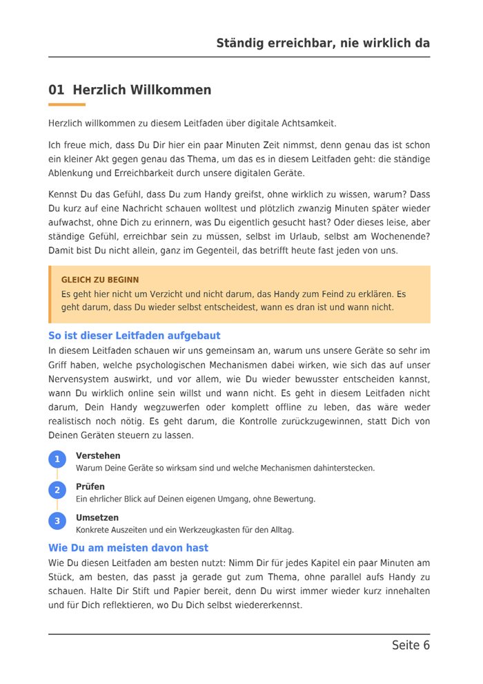 Beispielseite aus dem E-Book: Kapitel 1, Herzlich Willkommen, mit Merkkasten und dem Aufbau des Leitfadens.