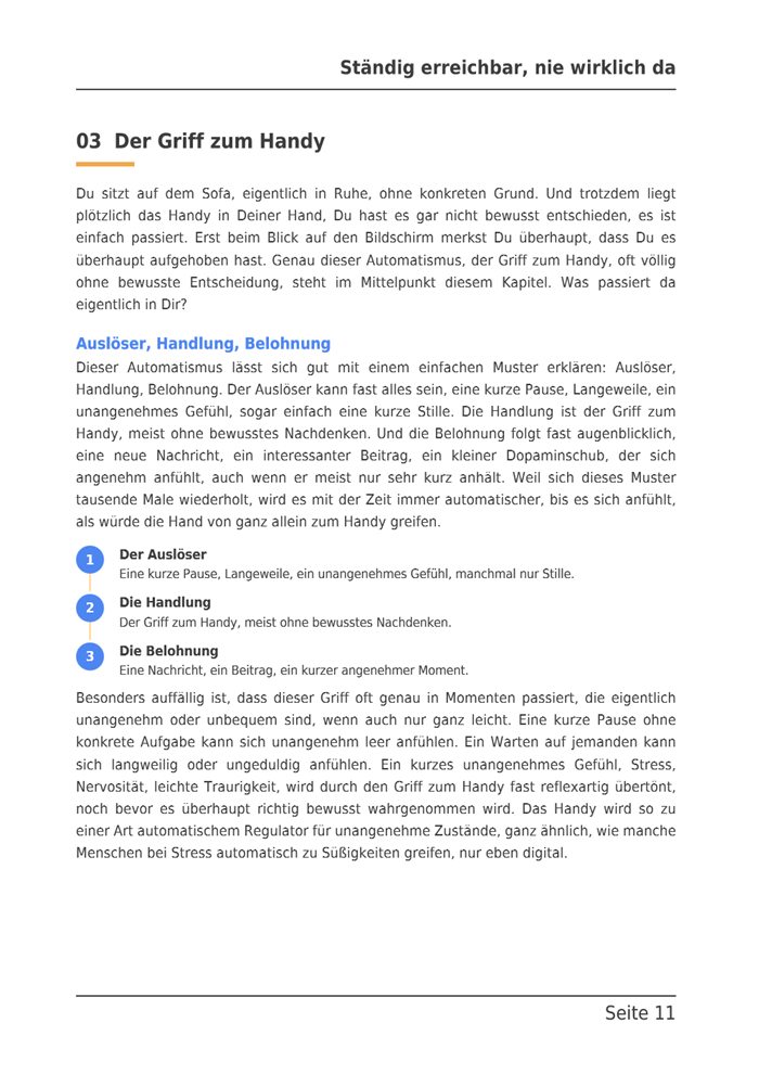 Beispielseite aus dem E-Book: Kapitel 3, Der Griff zum Handy, Auslöser, Handlung, Belohnung als nummerierte Liste.