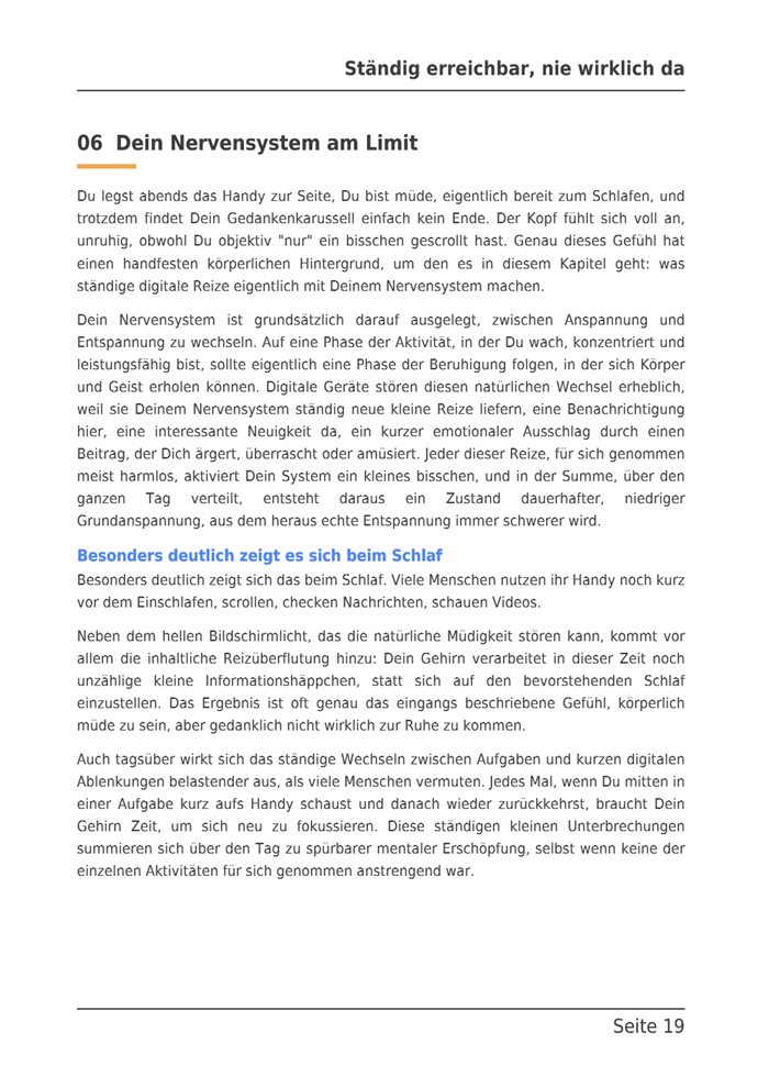 Beispielseite aus dem E-Book: Kapitel 6, Dein Nervensystem am Limit, warum sich das Gedankenkarussell abends nicht abstellt.