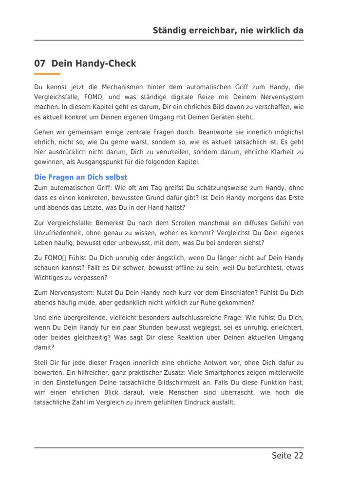 Beispielseite aus dem E-Book: Kapitel 7, Dein Handy-Check, die Fragen an Dich selbst.