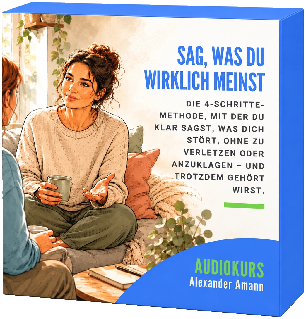 Kursbox des Audiokurses „Sag, was Du wirklich meinst!“: Zwei Frauen sitzen auf einem Sofa und sprechen offen miteinander.