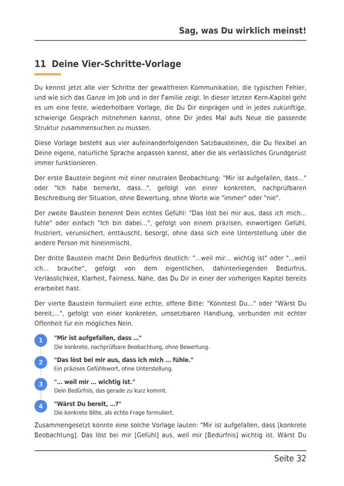 Seite 32 des E-Books: Deine Vier-Schritte-Vorlage als nummerierte Satzbausteine.
