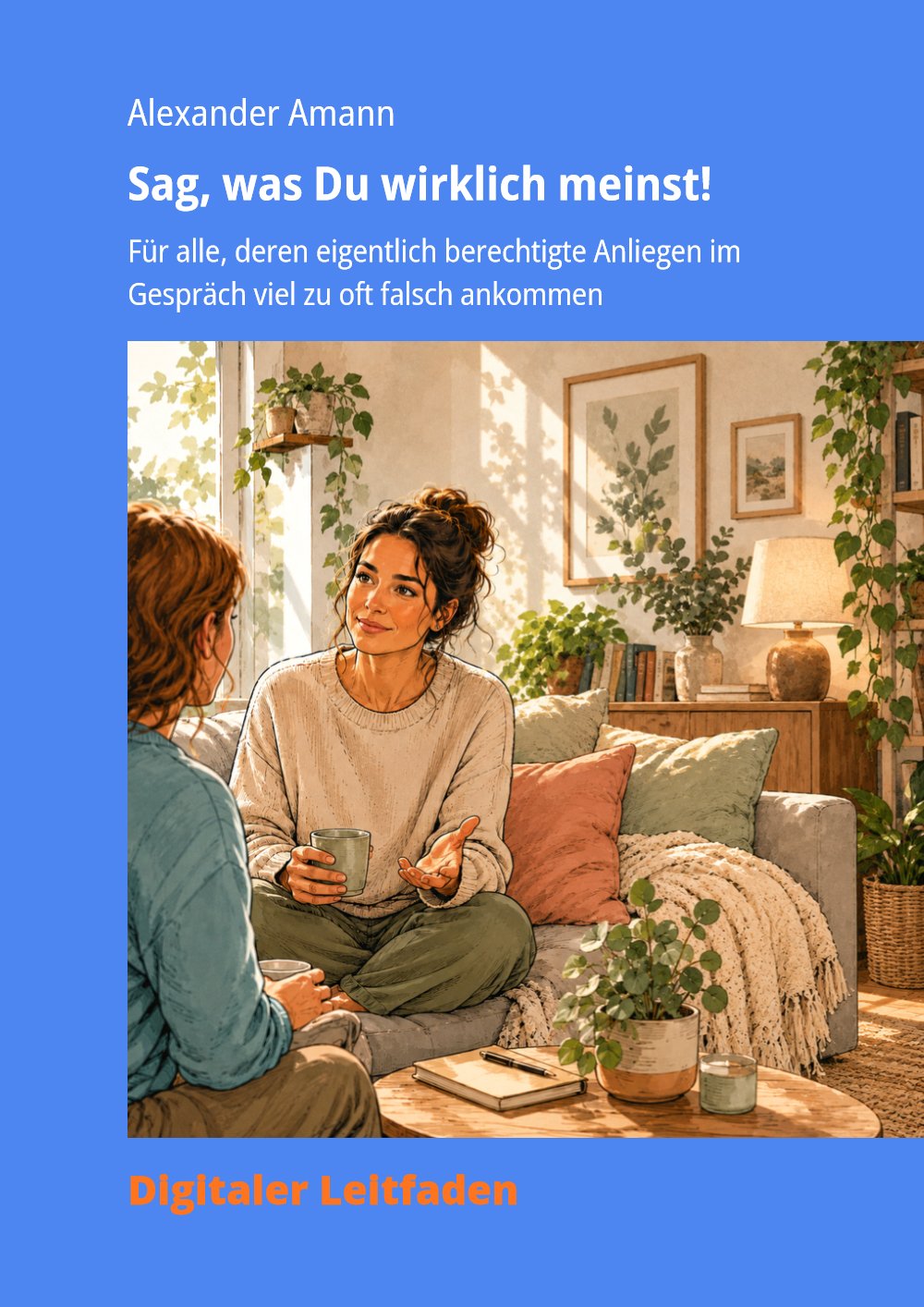 Cover des E-Books „Sag, was Du wirklich meinst!“: Zwei Frauen sitzen auf einem Sofa und sprechen offen miteinander.