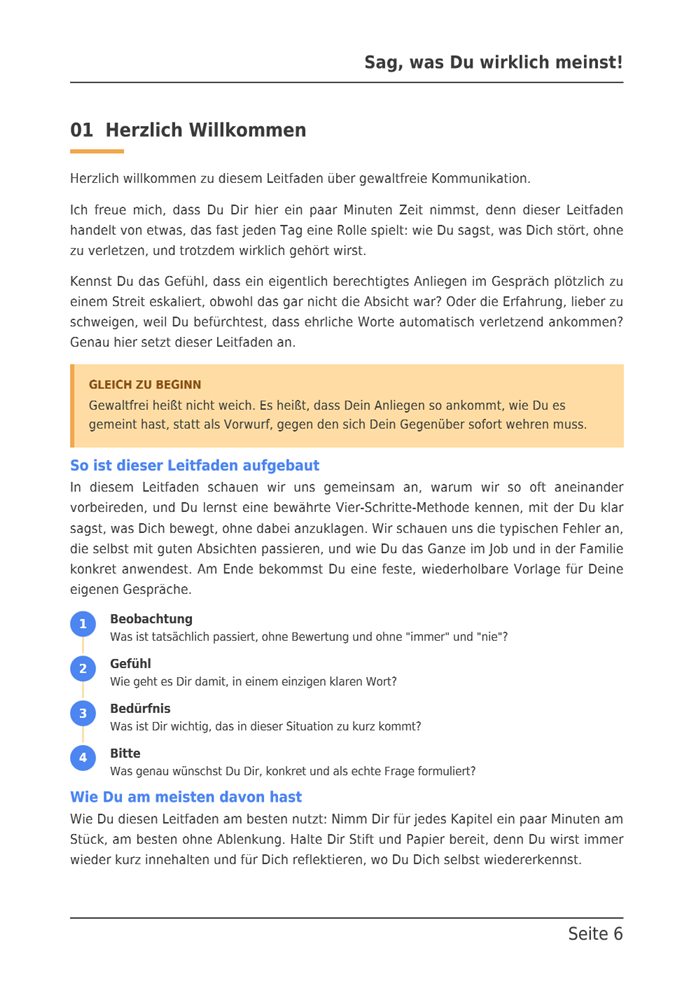 Beispielseite aus dem E-Book: Kapitel 1, Herzlich Willkommen, mit den vier Schritten als nummerierter Liste.