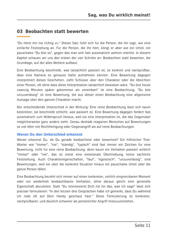 Beispielseite aus dem E-Book: Kapitel 3, Beobachten statt bewerten, woran Du den Unterschied erkennst.