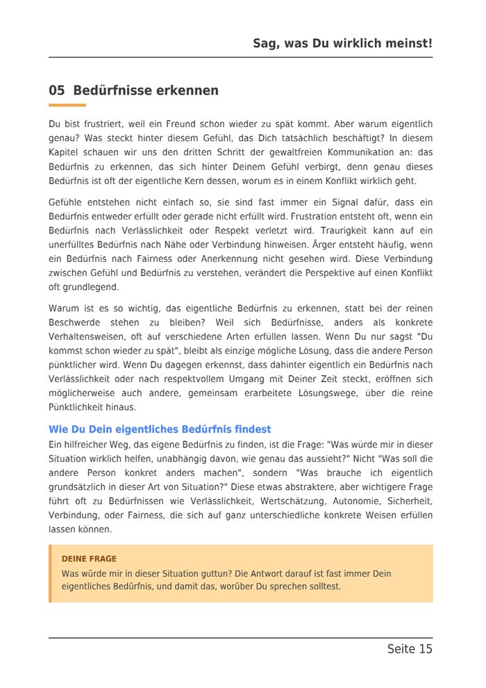 Beispielseite aus dem E-Book: Kapitel 5, Bedürfnisse erkennen, wie Du Dein eigentliches Bedürfnis findest.