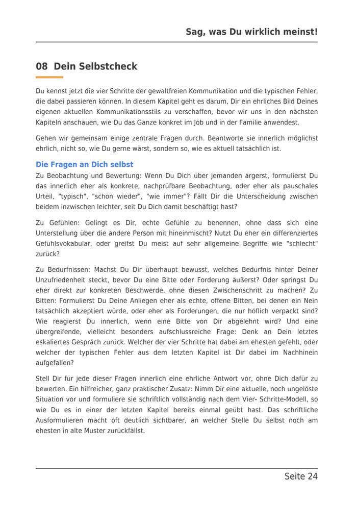 Beispielseite aus dem E-Book: Kapitel 8, Dein Selbstcheck, die Fragen an Dich selbst.