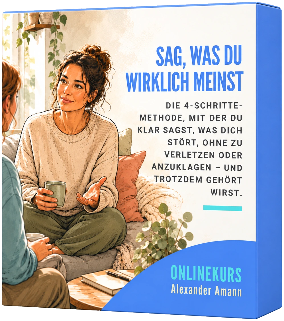 Kursbox des Onlinekurses „Sag, was Du wirklich meinst!“: Zwei Frauen sitzen auf einem Sofa und sprechen offen miteinander.