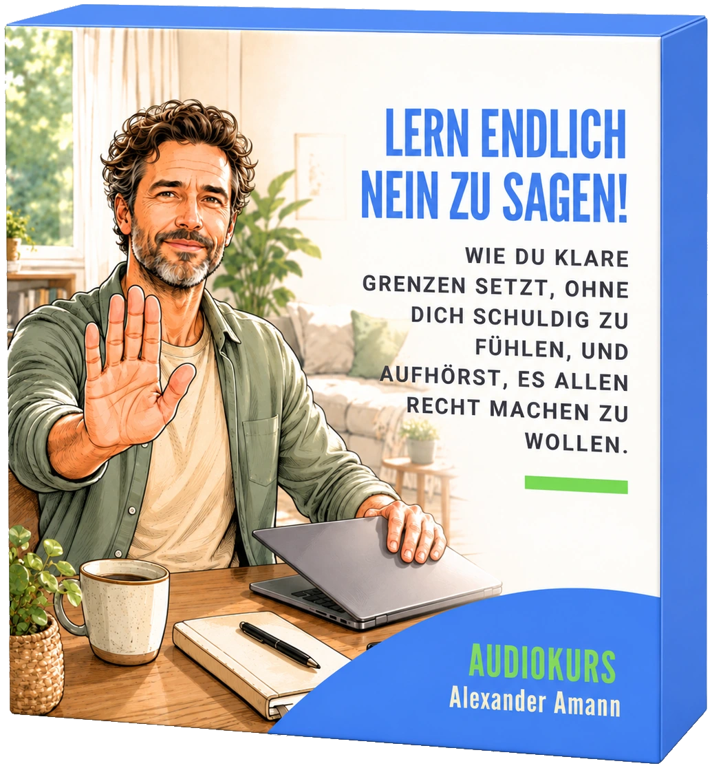 Kursbox des Audiokurses „Lern endlich Nein zu sagen!“: Ein Mann hebt lächelnd die Hand zum Stopp, vor ihm Laptop und Tasse.