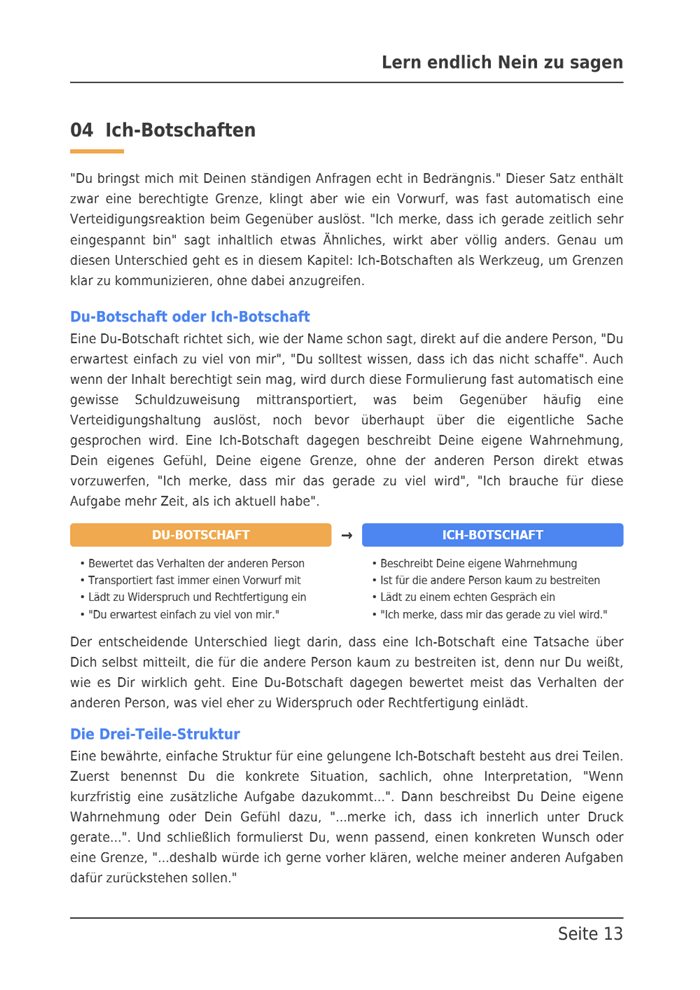 Seite 13 des E-Books: Du-Botschaft und Ich-Botschaft in zwei Spalten gegenübergestellt, darunter die Drei-Teile-Struktur.