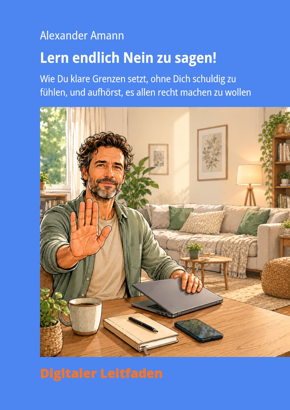 Cover des E-Books „Lern endlich Nein zu sagen!“: Ein Mann hebt lächelnd die Hand zum Stopp, vor ihm Laptop und Tasse.