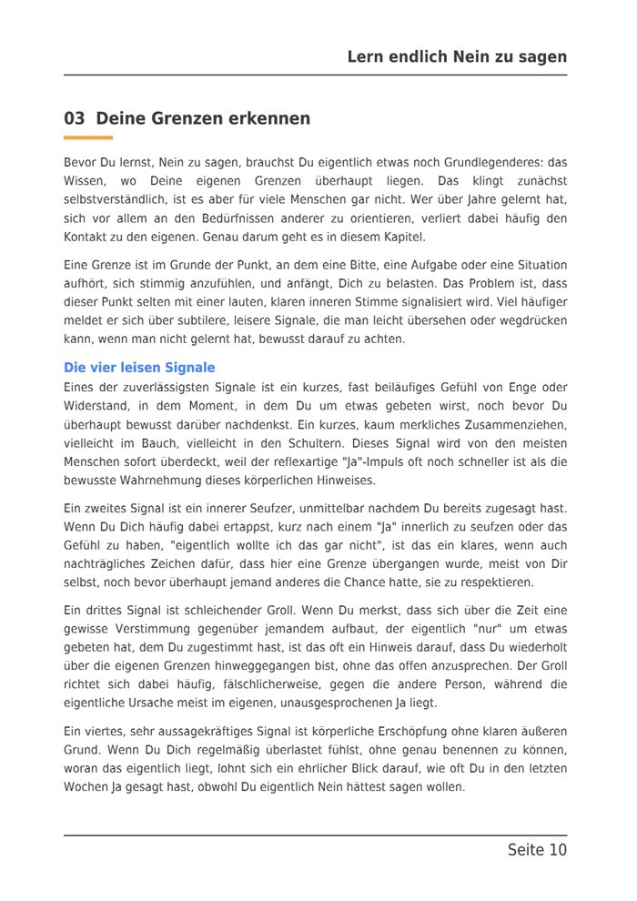 Beispielseite aus dem E-Book: Kapitel 3, Deine Grenzen erkennen, die vier leisen Signale.