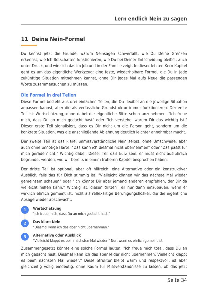 Beispielseite aus dem E-Book: Kapitel 11, Deine Nein-Formel, die Formel in drei Teilen.