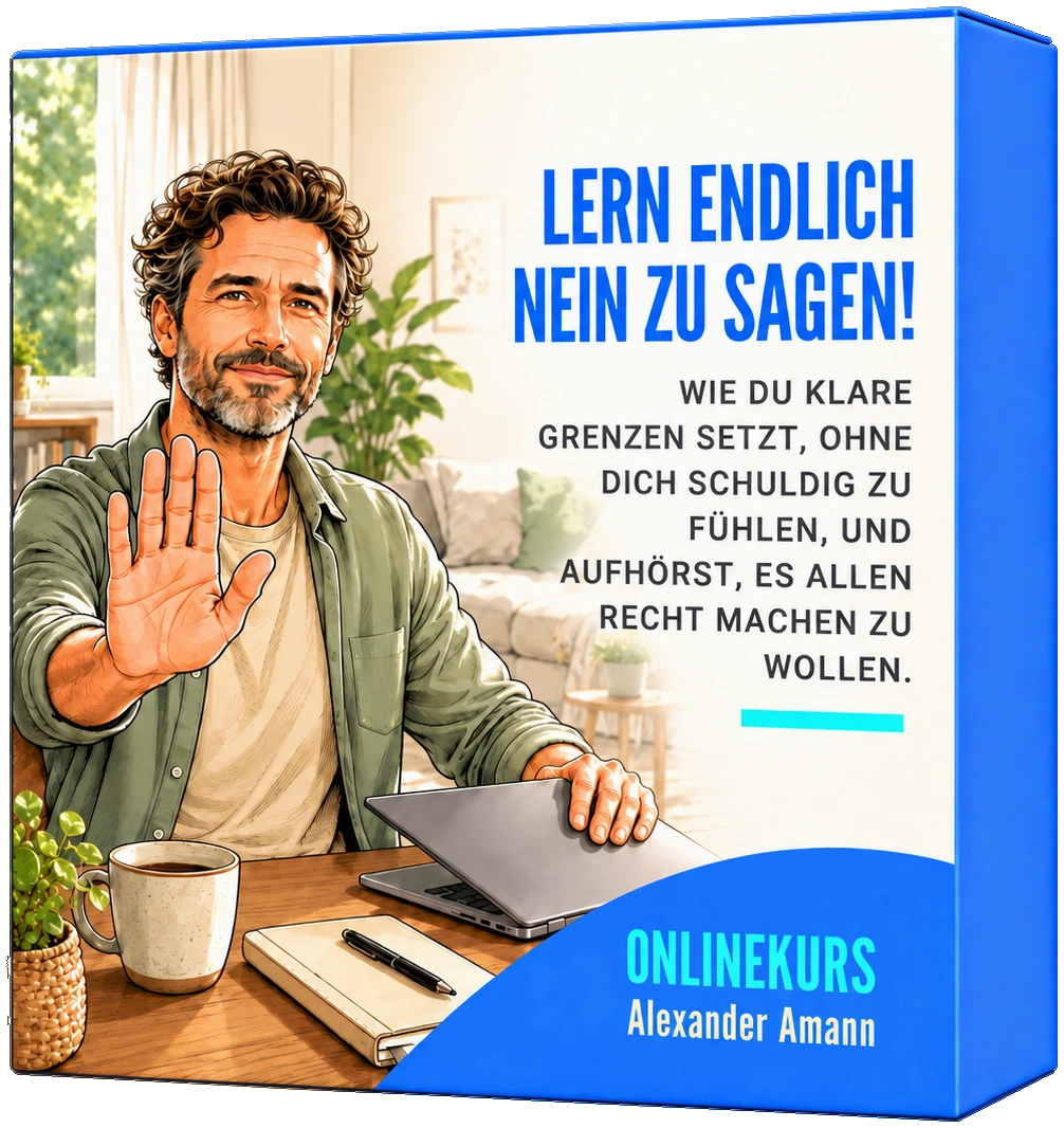Kursbox des Onlinekurses „Lern endlich Nein zu sagen!“: Ein Mann hebt lächelnd die Hand zum Stopp, vor ihm Laptop und Tasse.