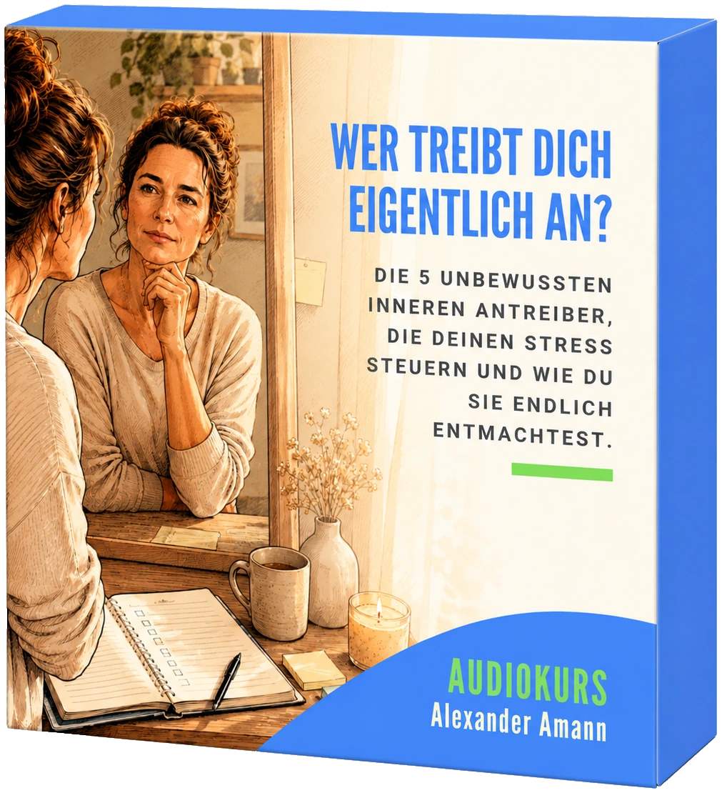 Kursbox des Audiokurses „Wer treibt Dich eigentlich an?“: Eine Frau schaut nachdenklich in einen Spiegel, vor ihr ein Notizbuch und eine Tasse Tee.