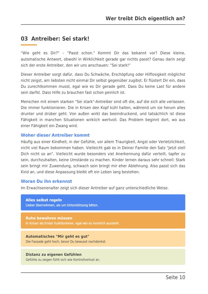 Seite 10 des E-Books: Kapitel 3, Antreiber: Sei stark!, mit Fließtext und vier farbigen Kästen zu den typischen Anzeichen.