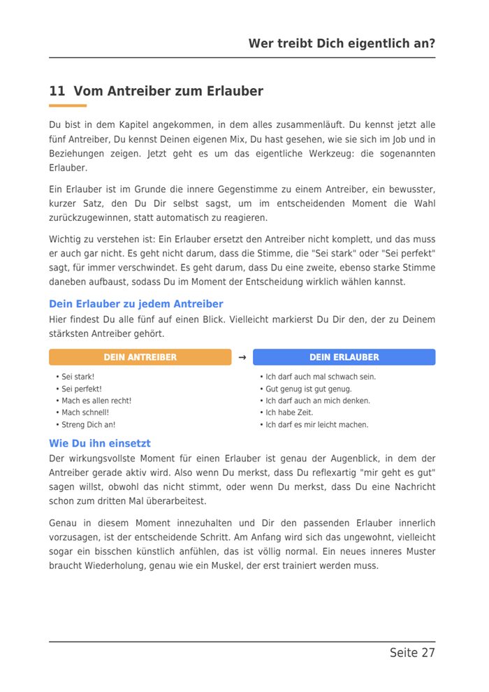 Seite 27 des E-Books: Vom Antreiber zum Erlauber, mit einer Gegenüberstellung aller fünf Antreiber und ihrer Erlauber-Sätze.