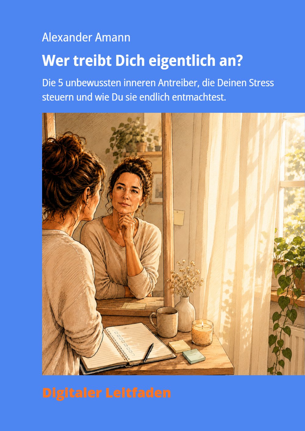 Cover des E-Books „Wer treibt Dich eigentlich an?“: Eine Frau schaut nachdenklich in einen Spiegel, vor ihr ein Notizbuch und eine Tasse Tee.